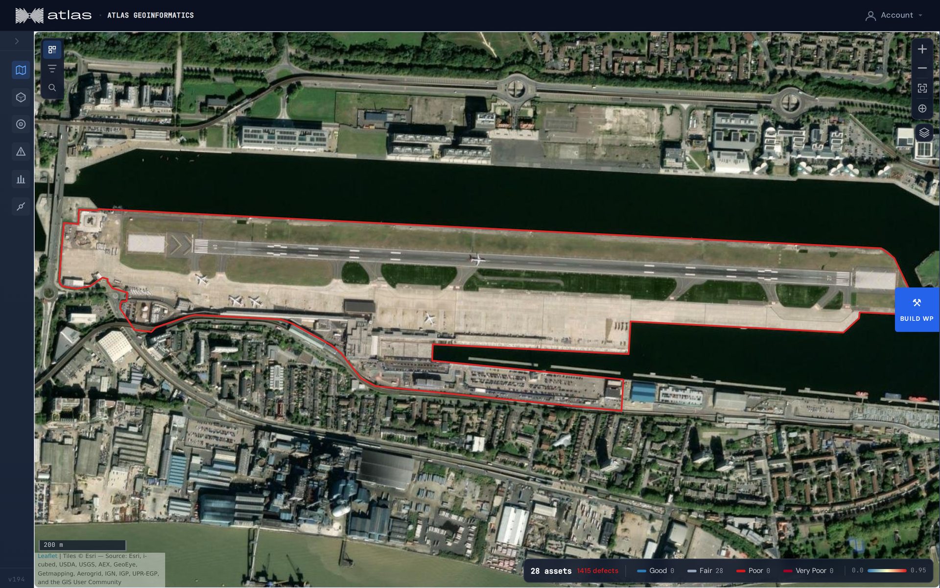 Airport airside pavement condition map with focus-area boundary