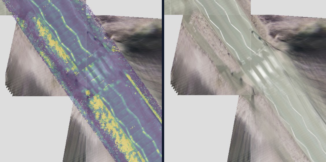 Georeferenced LiDAR and visual imagery map tiles co-registered over the same survey drive path