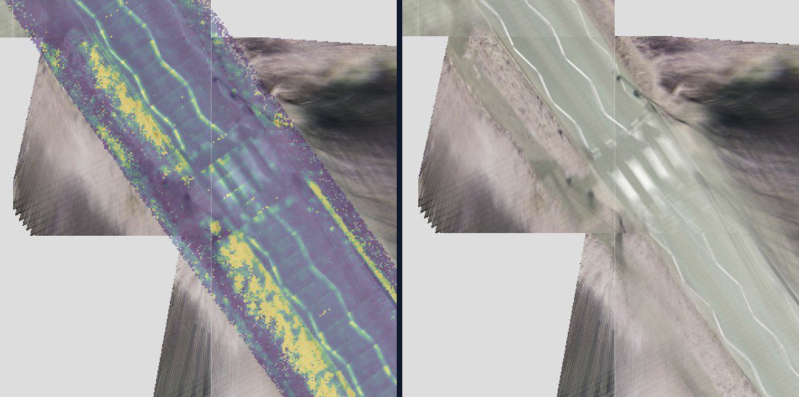 Two views of the same surveyed tile side by side: classified returns coloured by intensity on the left, unclassified terrain on the right.