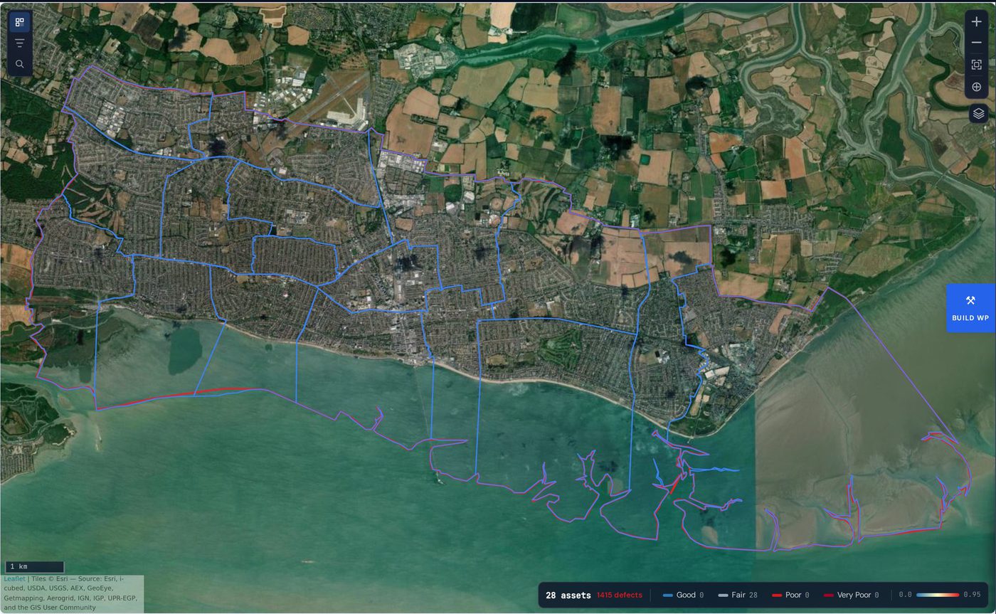 Network condition map with assets colour-coded from good to very poor, showing 28 assets and 1,415 detected defects.